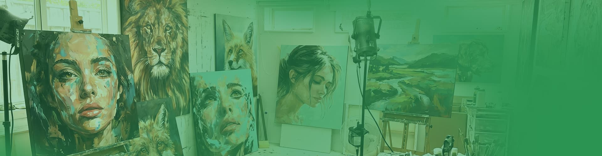 Estúdio de pintura com quadros 3Print